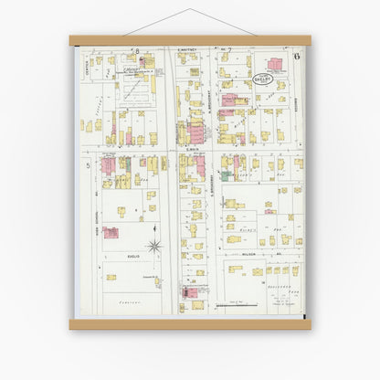 Old map wall art mockup — magnetic wood frame on white wall — Sanborn Fire Insurance Map from Shelby, Richland County, Ohio (1899), Sheet #0006