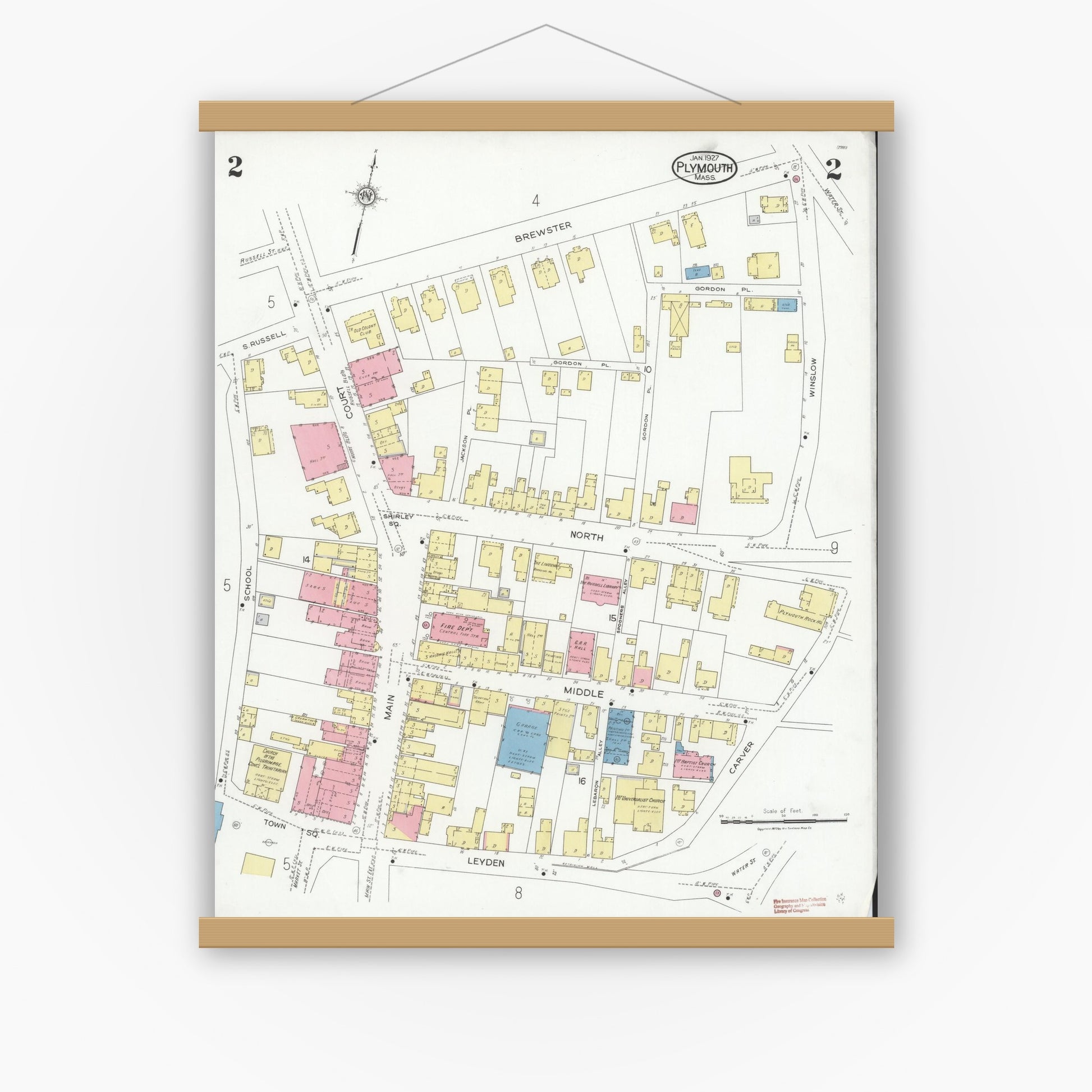 Old map wall art mockup — magnetic wood frame on white wall — Sanborn Fire Insurance Map from Plymouth, Plymouth County, Massachusetts (1927), Sheet #0002
