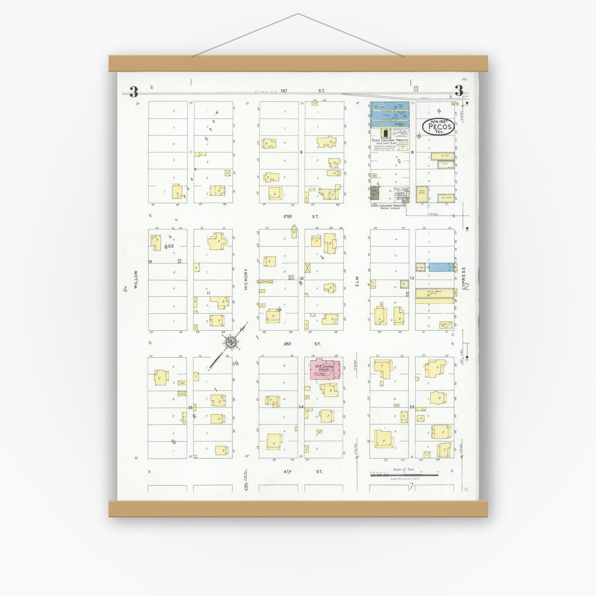 Old map wall art mockup — magnetic wood frame on white wall — Sanborn Fire Insurance Map from Pecos, Reeves County, Texas (1927), Sheet #0003