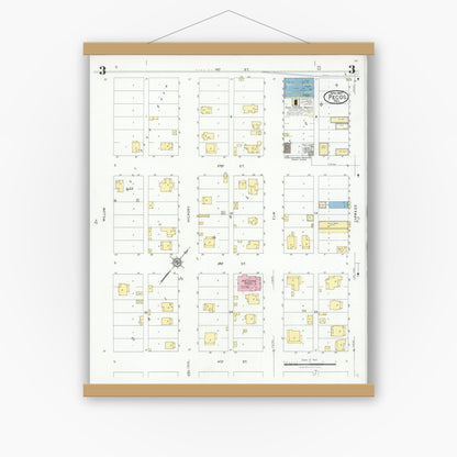 Old map wall art mockup — magnetic wood frame on white wall — Sanborn Fire Insurance Map from Pecos, Reeves County, Texas (1927), Sheet #0003