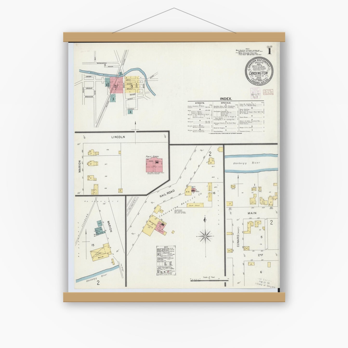 Old map wall art mockup — magnetic wood frame on white wall — Sanborn Fire Insurance Map from Cardington, Morrow County, Ohio (1903) - Complete Map Set