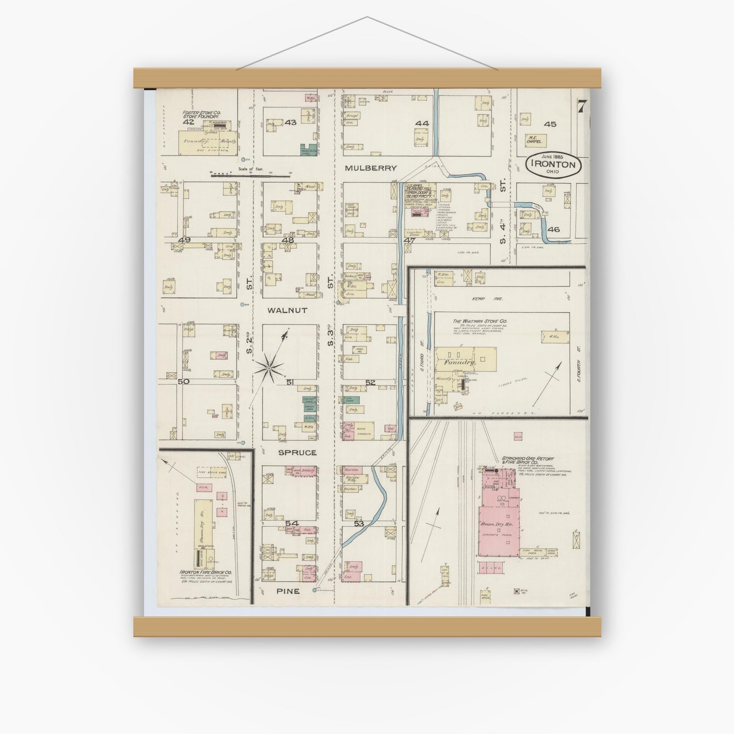 Old map wall art mockup — magnetic wood frame on white wall — Sanborn Fire Insurance Map from Ironton, Lawrence County, Ohio (1885), Sheet #0007