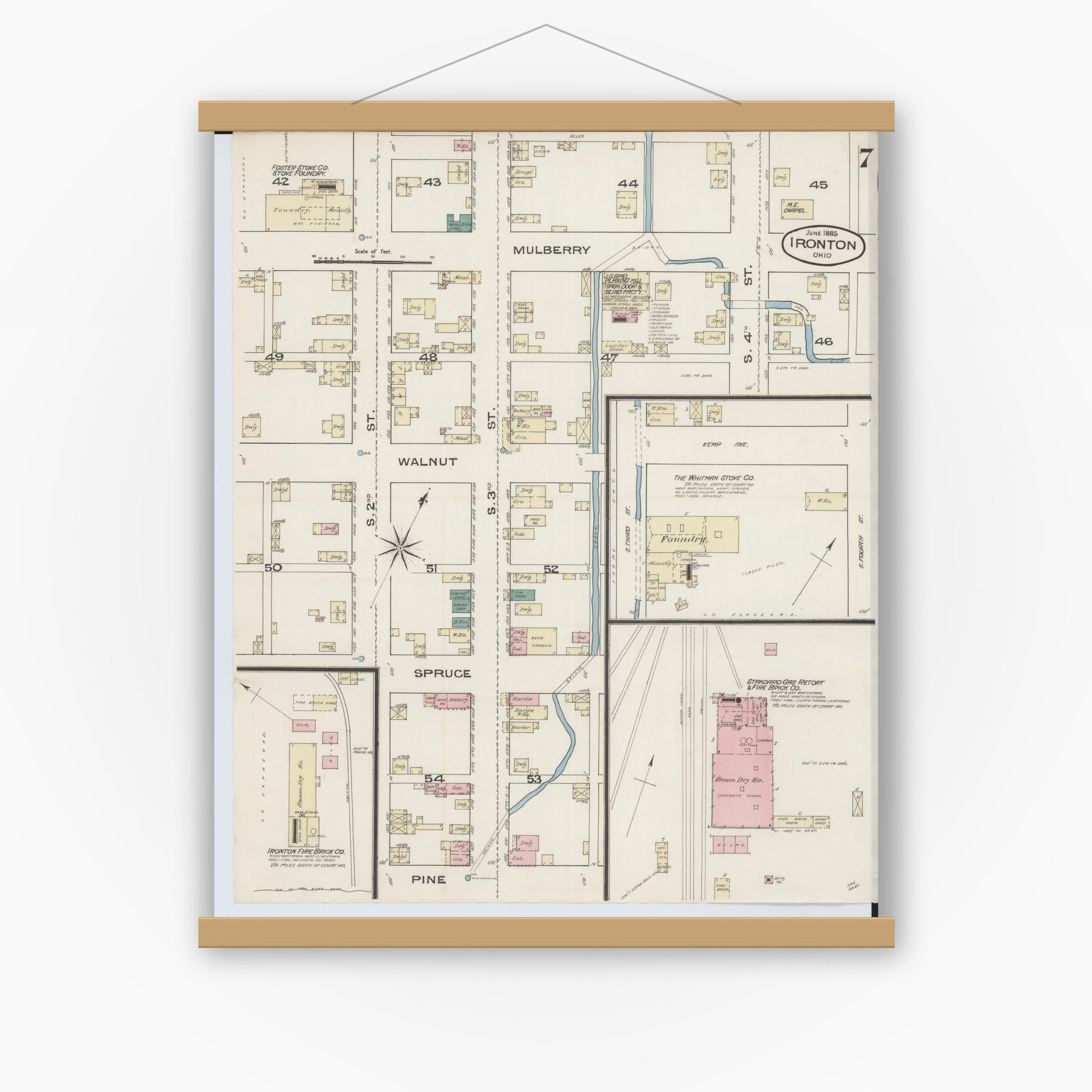 Old map wall art mockup — magnetic wood frame on white wall — Sanborn Fire Insurance Map from Ironton, Lawrence County, Ohio (1885), Sheet #0007