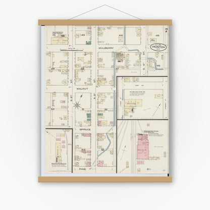 Old map wall art mockup — magnetic wood frame on white wall — Sanborn Fire Insurance Map from Ironton, Lawrence County, Ohio (1885), Sheet #0007