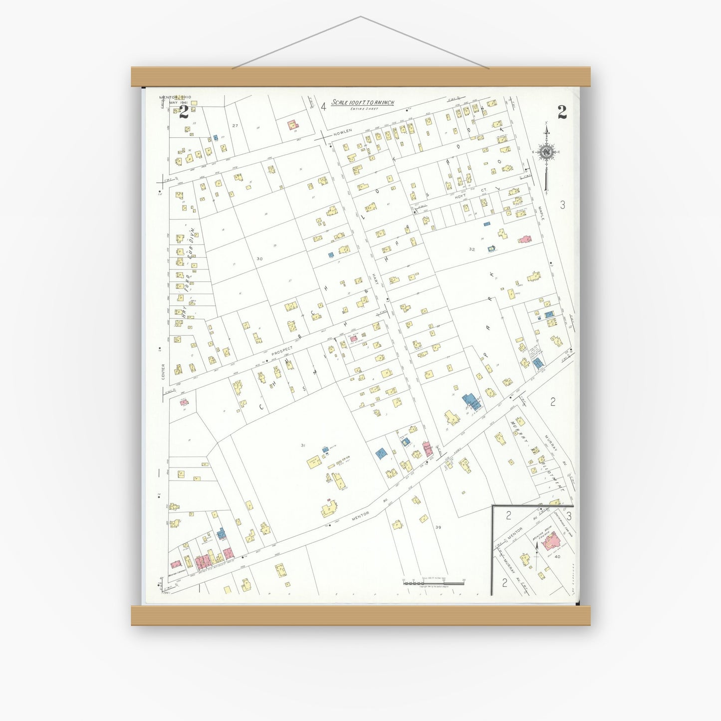 Old map wall art mockup — magnetic wood frame on white wall — Sanborn Fire Insurance Map from Mentor, Lake County, Ohio (1941), Sheet #0002