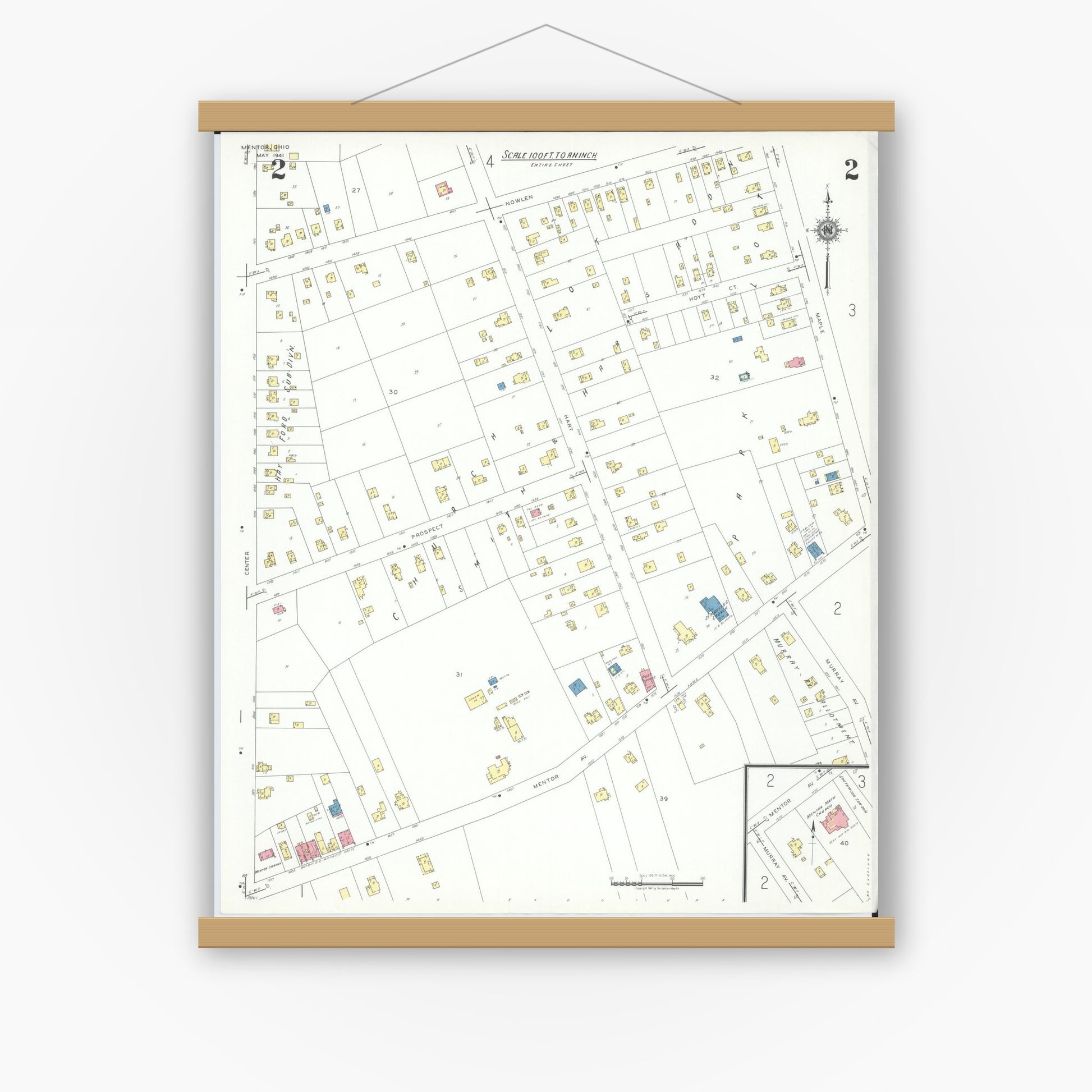 Old map wall art mockup — magnetic wood frame on white wall — Sanborn Fire Insurance Map from Mentor, Lake County, Ohio (1941), Sheet #0002