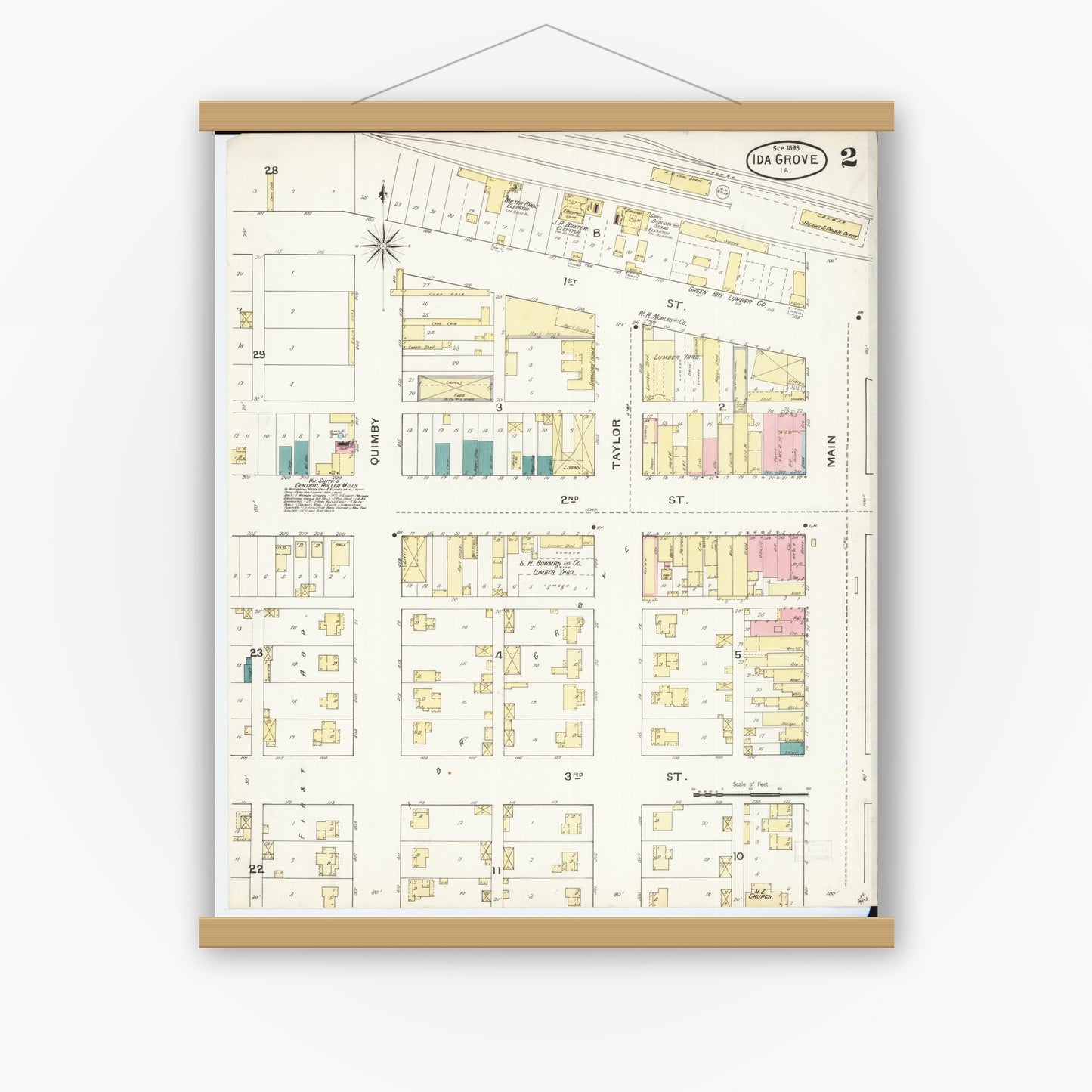 Old map wall art mockup — magnetic wood frame on white wall — Sanborn Fire Insurance Map from Ida Grove, Ida County, Iowa (1893), Sheet #0002