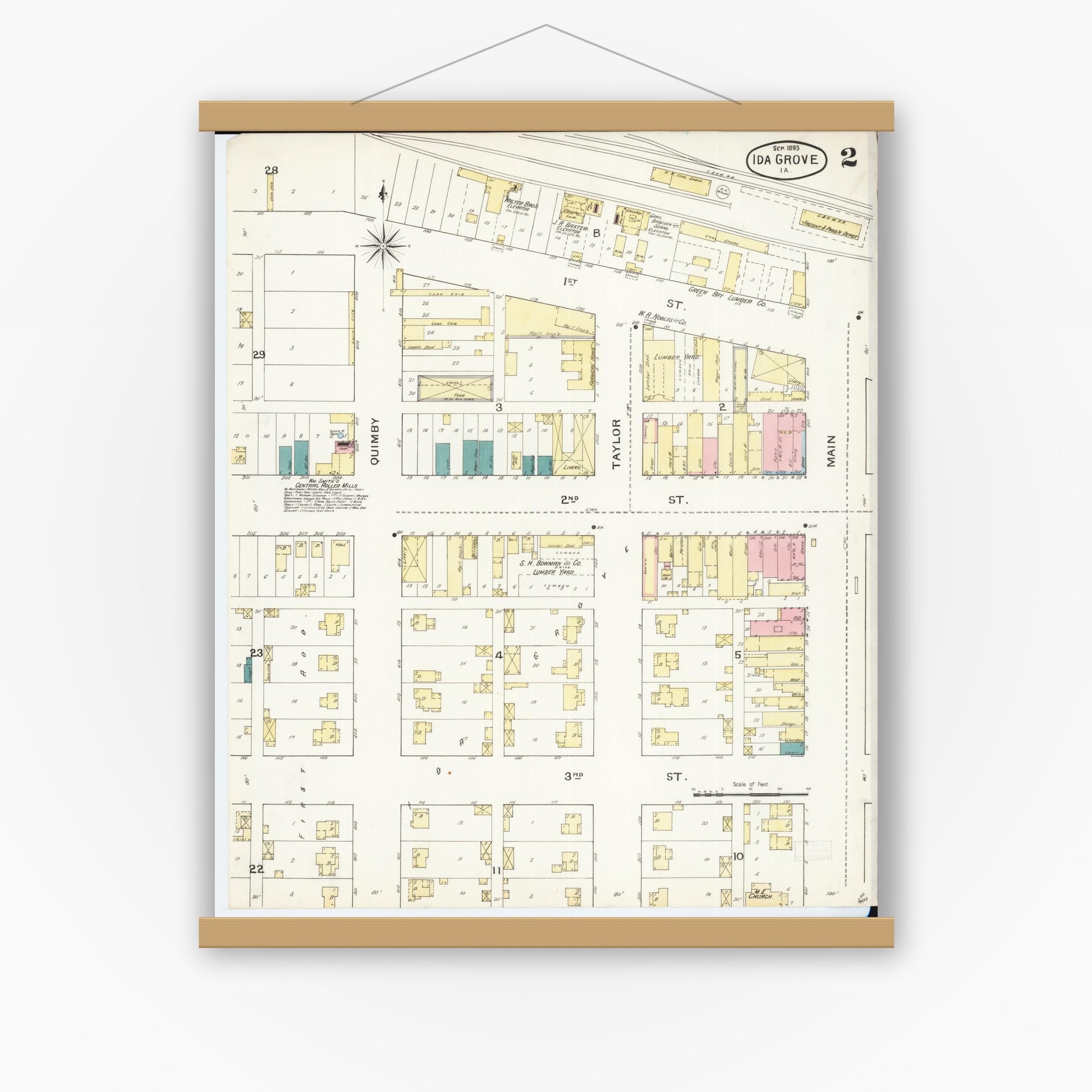 Old map wall art mockup — magnetic wood frame on white wall — Sanborn Fire Insurance Map from Ida Grove, Ida County, Iowa (1893), Sheet #0002