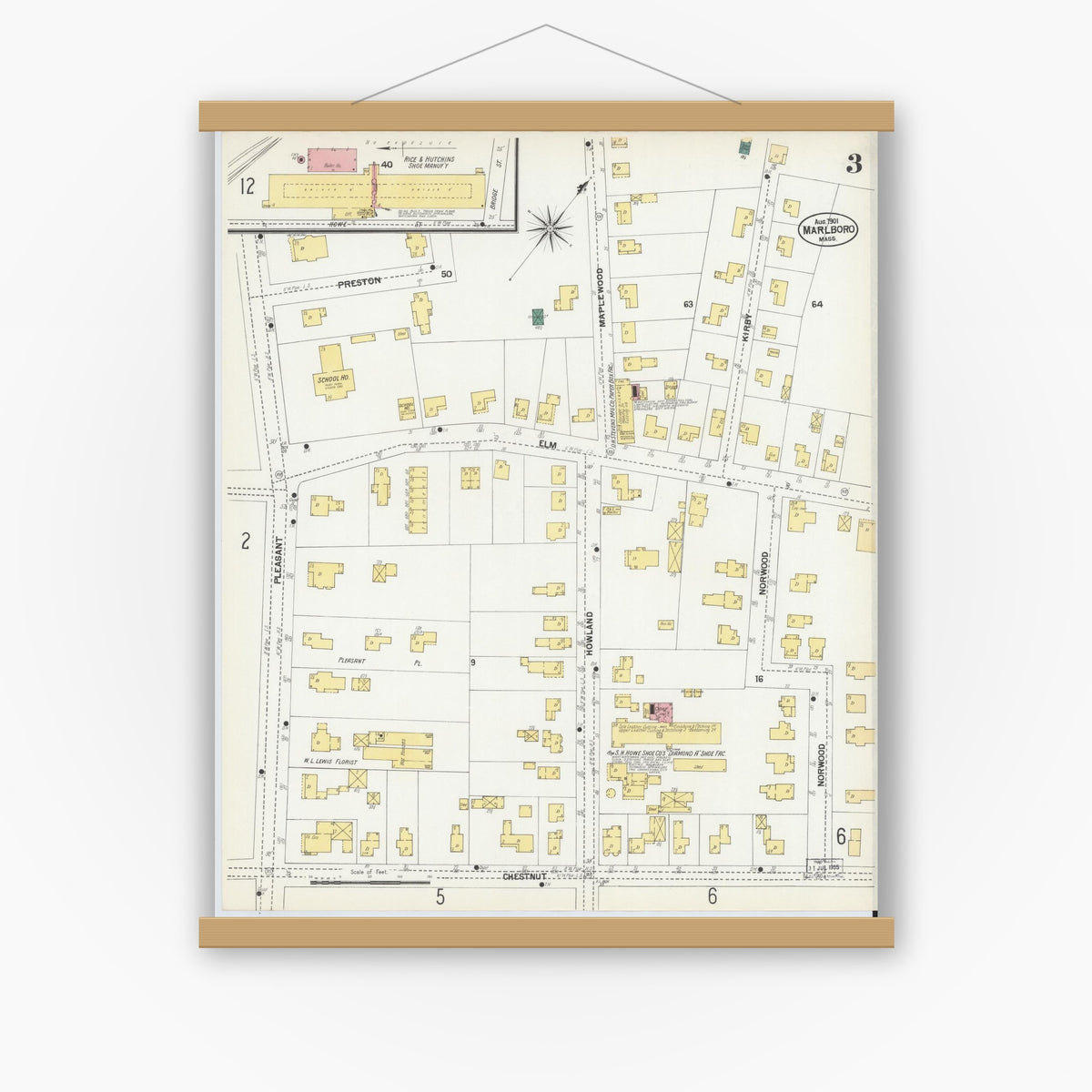 Old map wall art mockup — magnetic wood frame on white wall — Sanborn Fire Insurance Map from Marlborough, Middlesex County, Massachusetts (1901), Sheet #0003