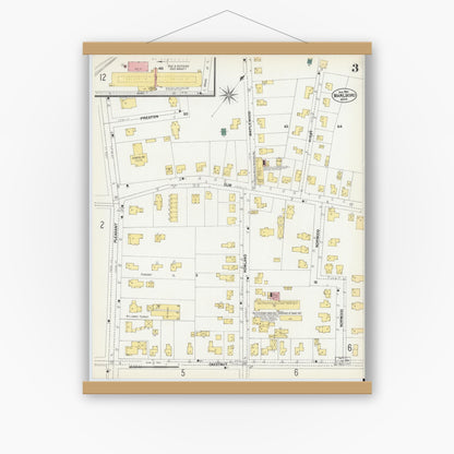 Old map wall art mockup — magnetic wood frame on white wall — Sanborn Fire Insurance Map from Marlborough, Middlesex County, Massachusetts (1901), Sheet #0003