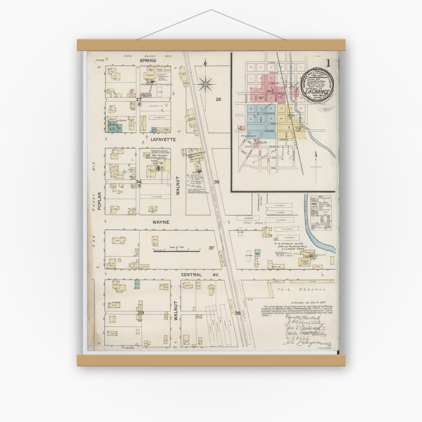 Old map wall art mockup — magnetic wood frame on white wall — Sanborn Fire Insurance Map from Lagrange, LaGrange County, Indiana (1887), Sheet #0001