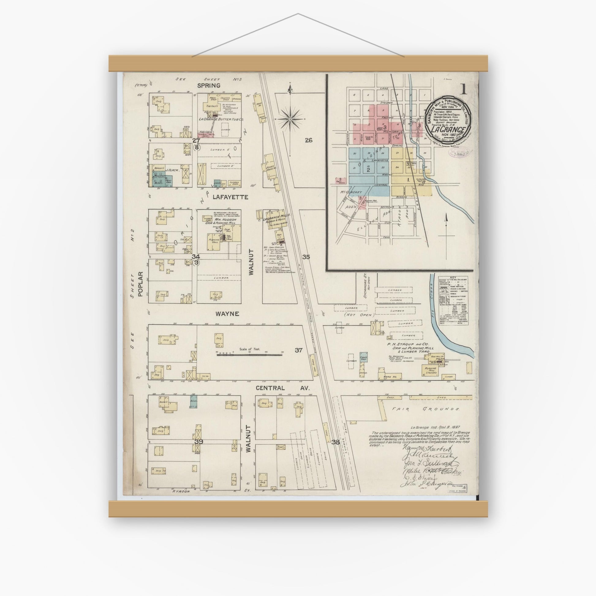 Old map wall art mockup — magnetic wood frame on white wall — Sanborn Fire Insurance Map from Lagrange, LaGrange County, Indiana (1887), Sheet #0001