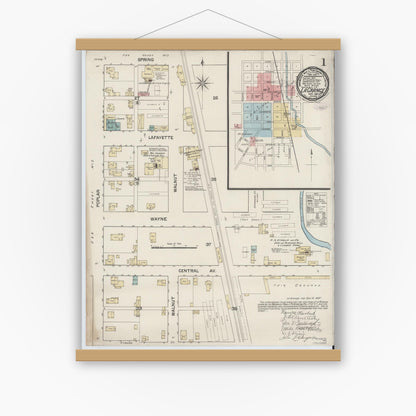 Old map wall art mockup — magnetic wood frame on white wall — Sanborn Fire Insurance Map from Lagrange, LaGrange County, Indiana (1887), Sheet #0001