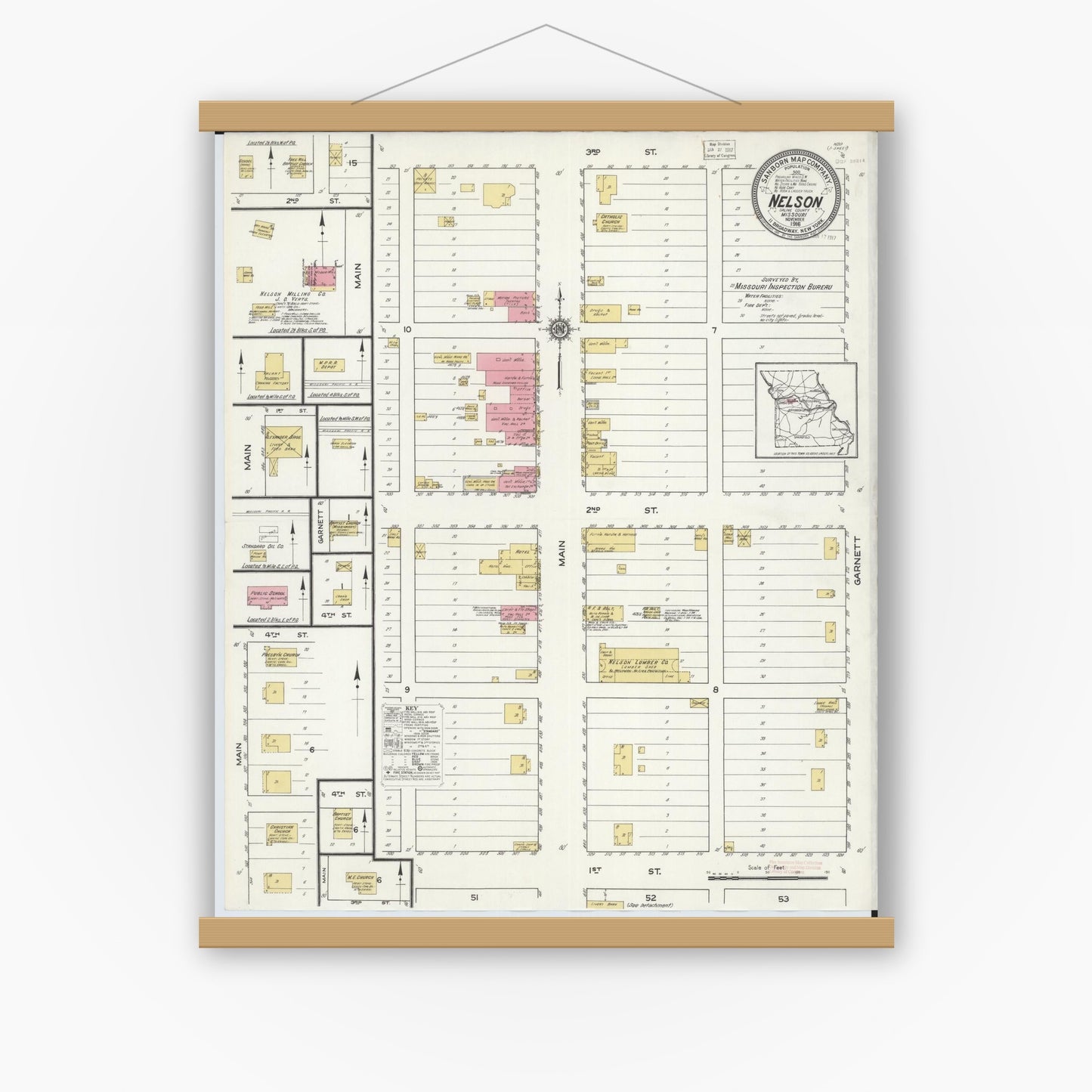 Old map wall art mockup — magnetic wood frame on white wall — Sanborn Fire Insurance Map from Nelson, Saline County, Missouri (1916), Sheet #0001