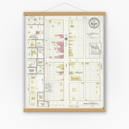 Old map wall art mockup — magnetic wood frame on white wall — Sanborn Fire Insurance Map from Nelson, Saline County, Missouri (1916), Sheet #0001