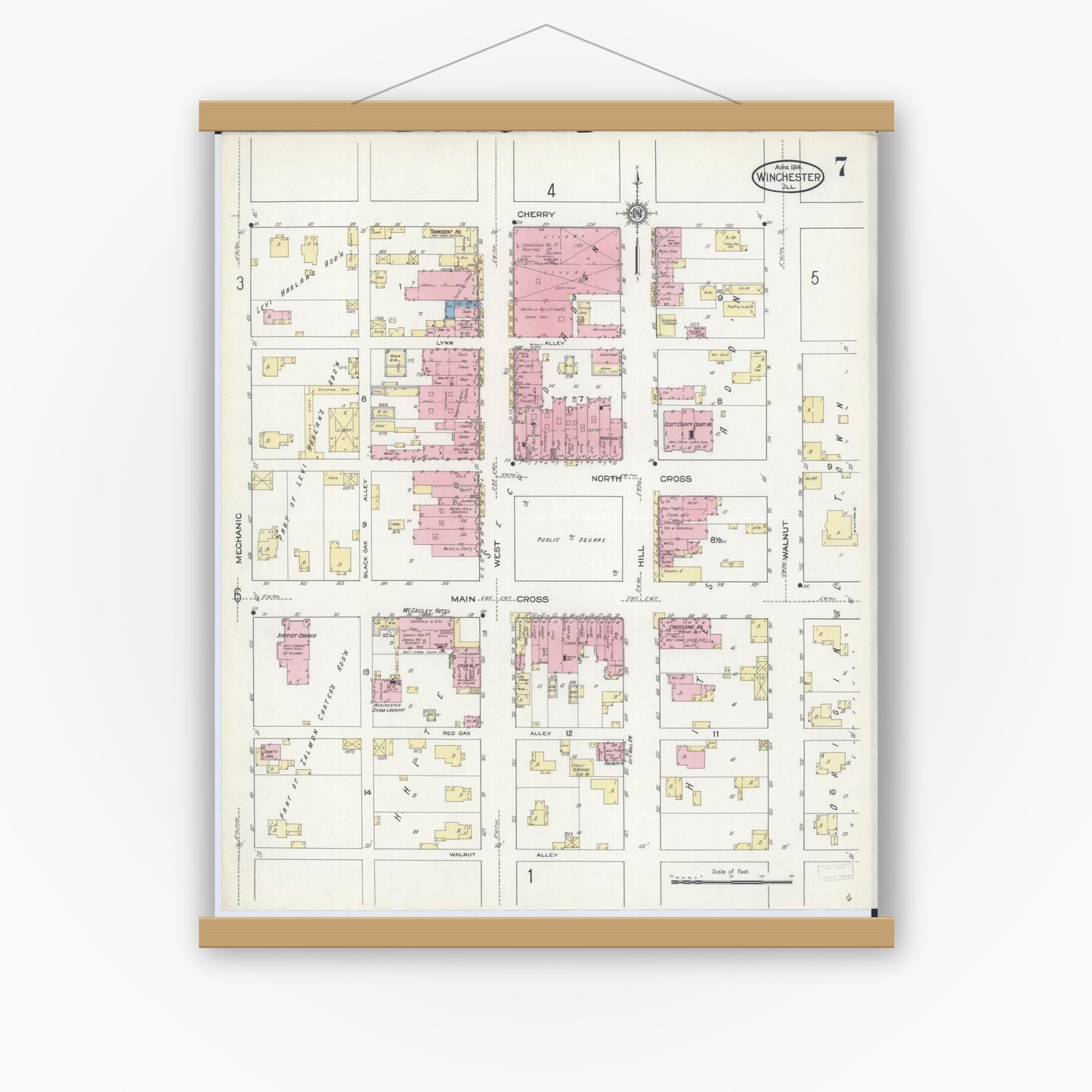 Old map wall art mockup — magnetic wood frame on white wall — Sanborn Fire Insurance Map from Winchester, Scott County, Illinois (1914), Sheet #0007