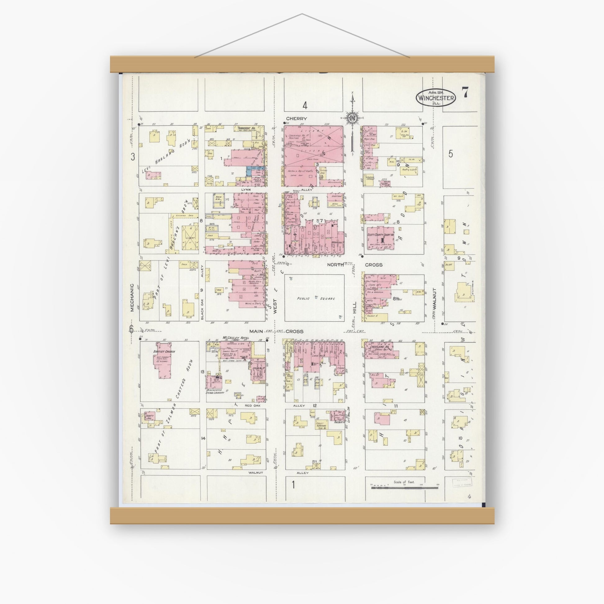 Old map wall art mockup — magnetic wood frame on white wall — Sanborn Fire Insurance Map from Winchester, Scott County, Illinois (1914), Sheet #0007