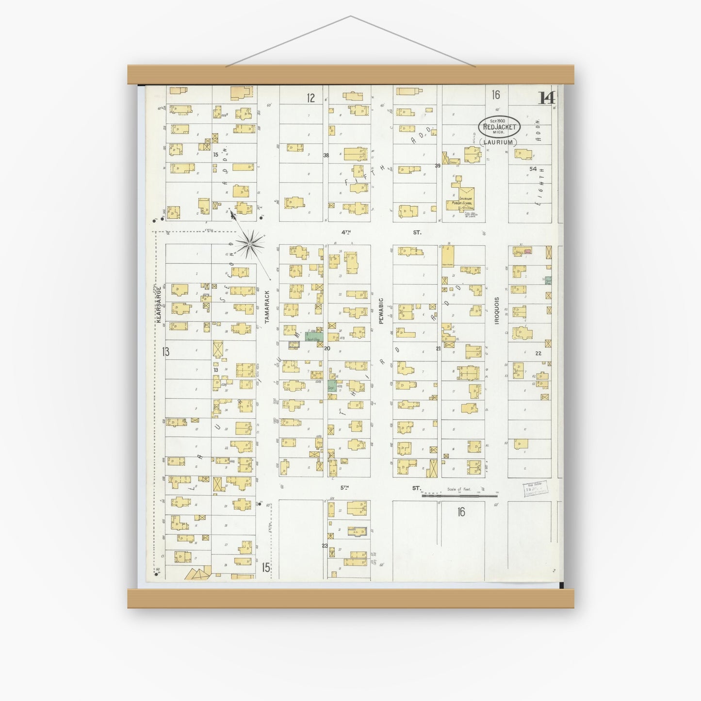 Old map wall art mockup — magnetic wood frame on white wall — Sanborn Fire Insurance Map from Red Jacket, Houghton County, Michigan (1900), Sheet #0014