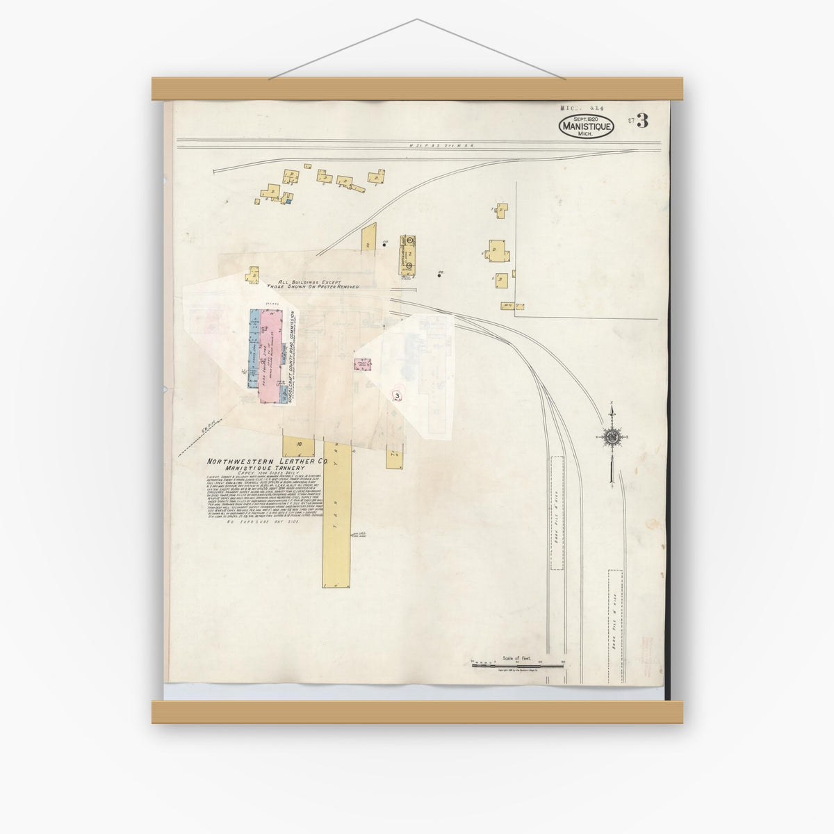 Old map wall art mockup — magnetic wood frame on white wall — Sanborn Fire Insurance Map from Manistique, Schoolcraft County, Michigan (1950), Sheet #0003