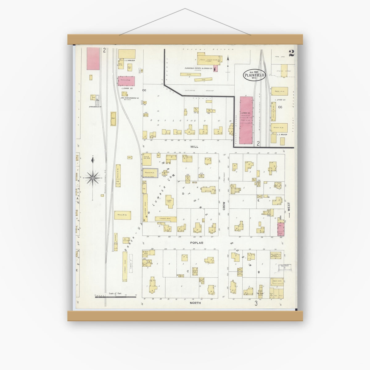 Old map wall art mockup — magnetic wood frame on white wall — Sanborn Fire Insurance Map from Plainfield, Waushara County, Wisconsin (1908), Sheet #0002