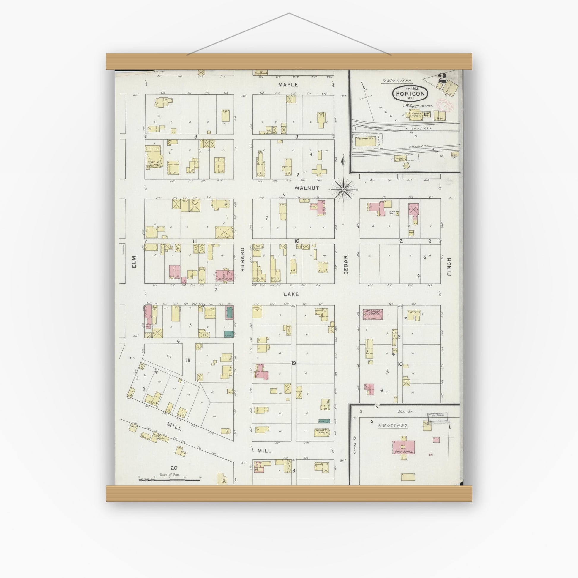 Old map wall art mockup — magnetic wood frame on white wall — Sanborn Fire Insurance Map from Horicon, Dodge County, Wisconsin (1894), Sheet #0002