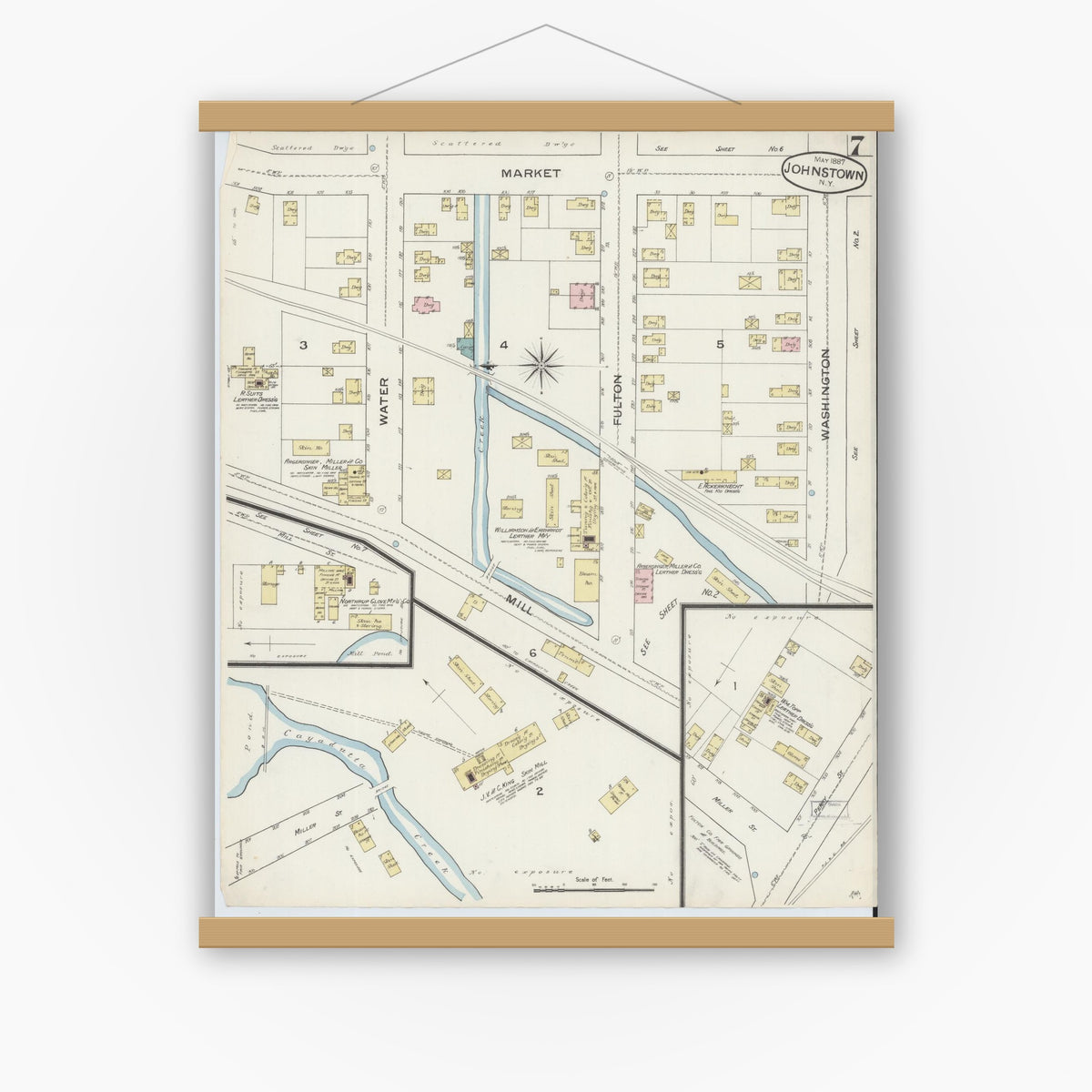 Old map wall art mockup — magnetic wood frame on white wall — Sanborn Fire Insurance Map from Johnstown, Fulton County, New York (1887), Sheet #0007