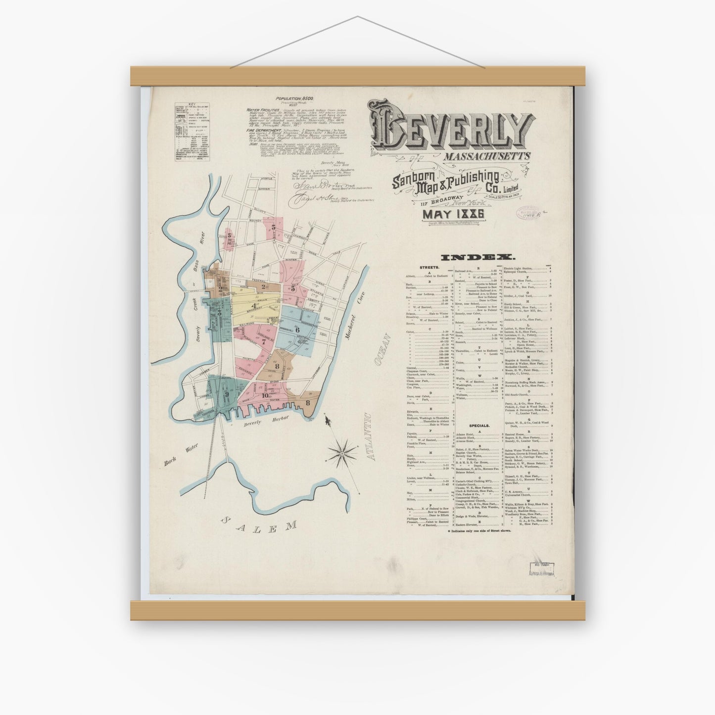 Old map wall art mockup — magnetic wood frame on white wall — Sanborn Fire Insurance Map from Beverly, Essex County, Massachusetts (1886), Sheet #0001