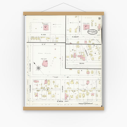 Old map wall art mockup — magnetic wood frame on white wall — Sanborn Fire Insurance Map from Ottumwa, Wapello County, Iowa (1891), Sheet #0009