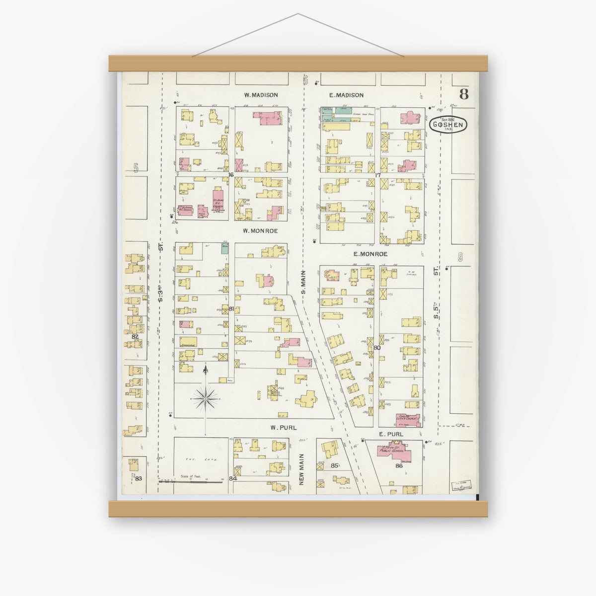 Old map wall art mockup — magnetic wood frame on white wall — Sanborn Fire Insurance Map from Goshen, Elkhart County, Indiana (1892), Sheet #0008