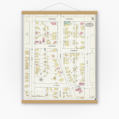 Old map wall art mockup — magnetic wood frame on white wall — Sanborn Fire Insurance Map from Goshen, Elkhart County, Indiana (1892), Sheet #0008