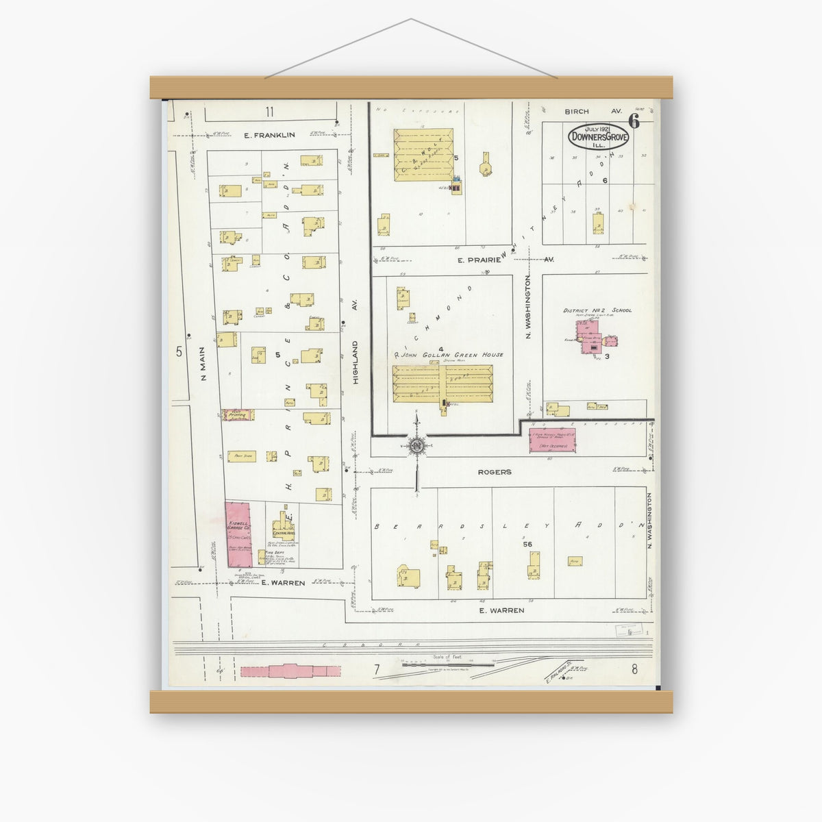 Old map wall art mockup — magnetic wood frame on white wall — Sanborn Fire Insurance Map from Downers Grove, Dupage County, Illinois (1921), Sheet #0006
