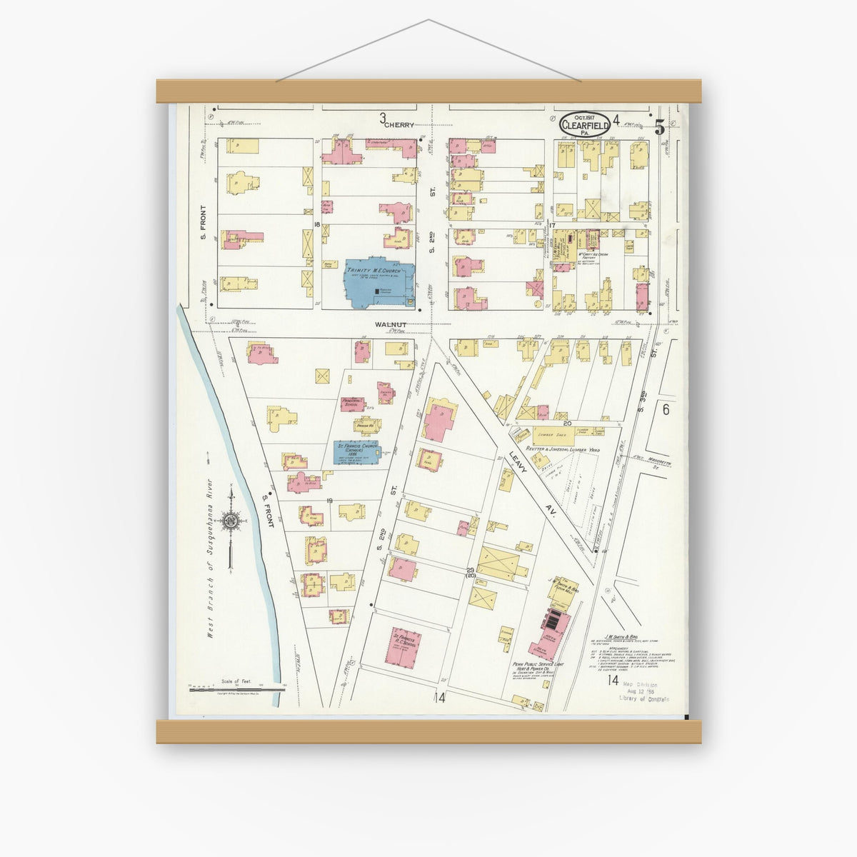 Old map wall art mockup — magnetic wood frame on white wall — Sanborn Fire Insurance Map from Clearfield, Clearfield County, Pennsylvania (1917), Sheet #0005