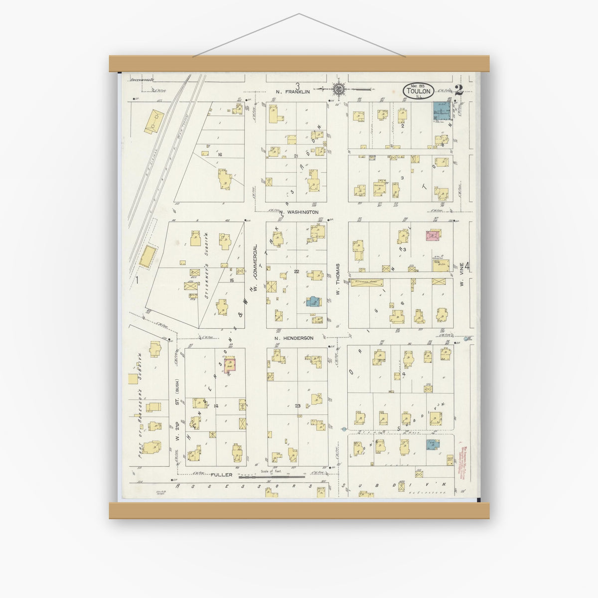 Old map wall art mockup — magnetic wood frame on white wall — Sanborn Fire Insurance Map from Toulon, Stark County, Illinois (1913), Sheet #0002
