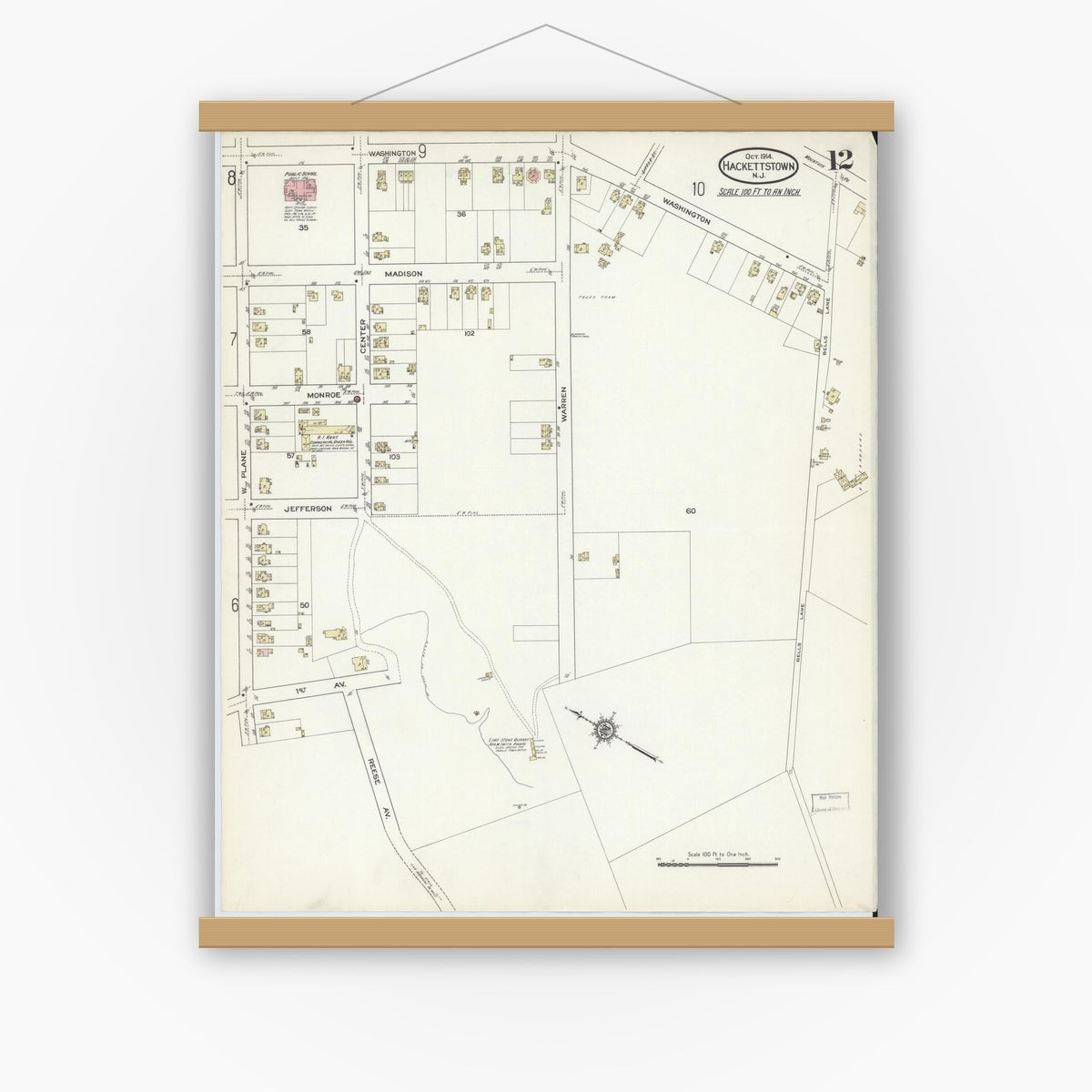 Old map wall art mockup — magnetic wood frame on white wall — Sanborn Fire Insurance Map from Hackettstown, Warren County, New Jersey (1914), Sheet #0012
