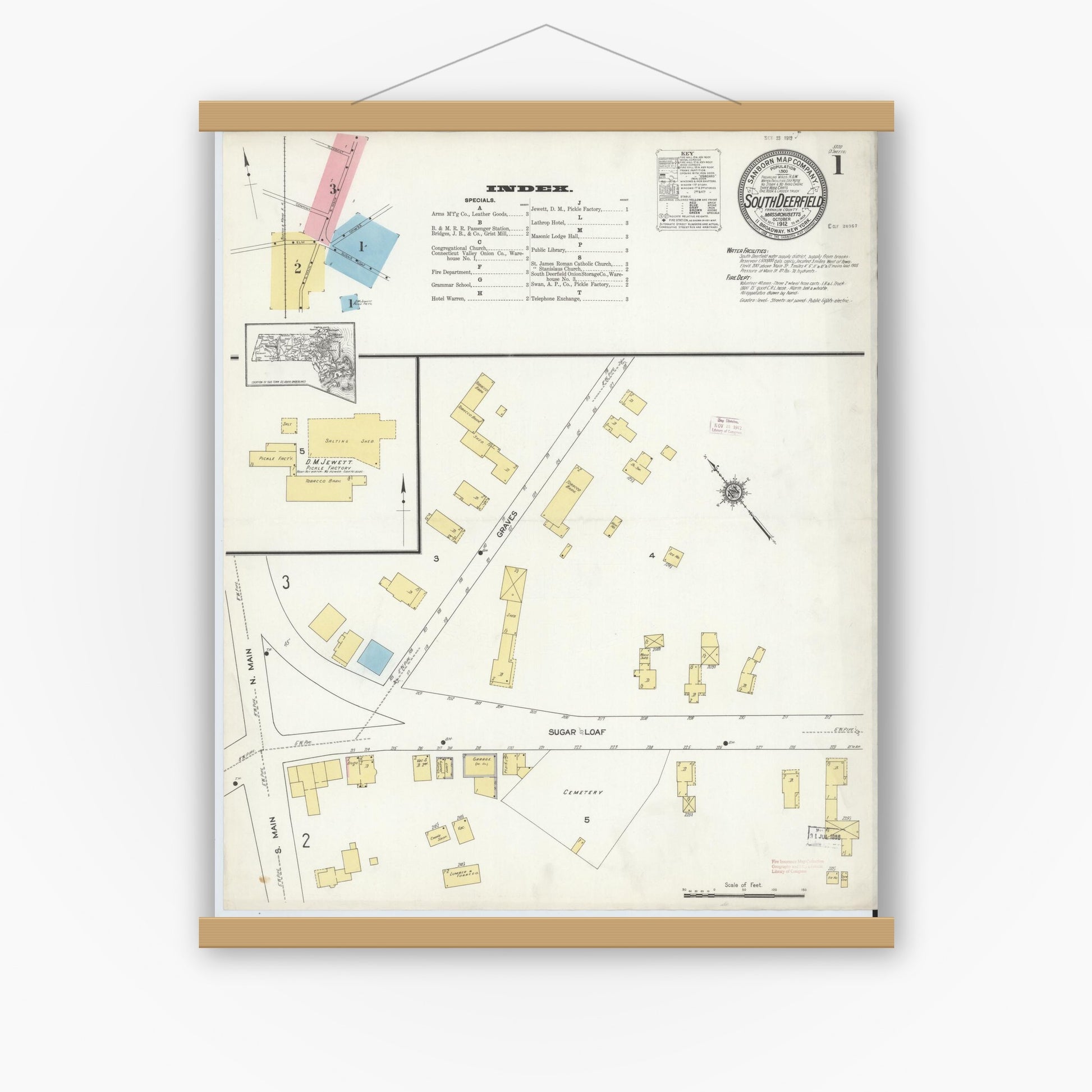 Old map wall art mockup — magnetic wood frame on white wall — Sanborn Fire Insurance Map from South Deerfield, Franklin County, Massachusetts (1912), Sheet #0001