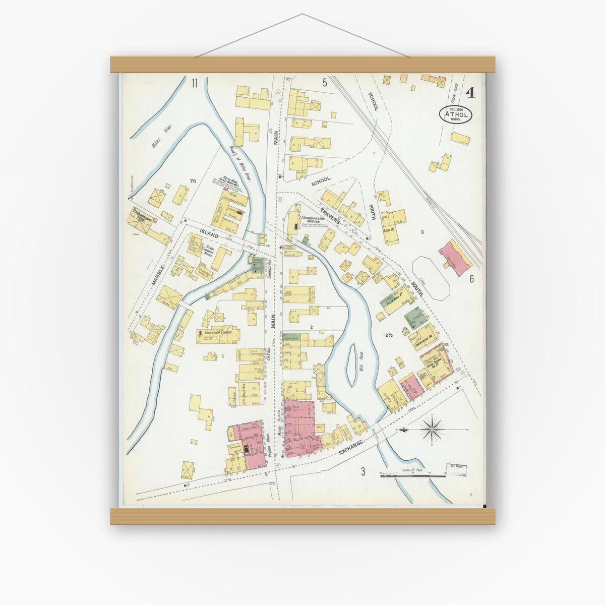 Old map wall art mockup — magnetic wood frame on white wall — Sanborn Fire Insurance Map from Athol, Worcester County, Massachusetts (1900), Sheet #0004