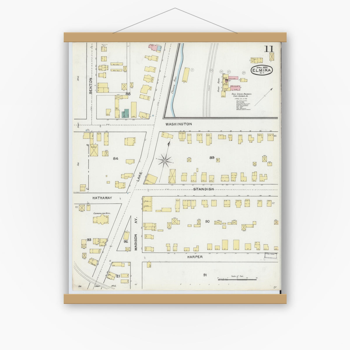 Old map wall art mockup — magnetic wood frame on white wall — Sanborn Fire Insurance Map from Elmira, Chemung County, New York (1892), Sheet #0011