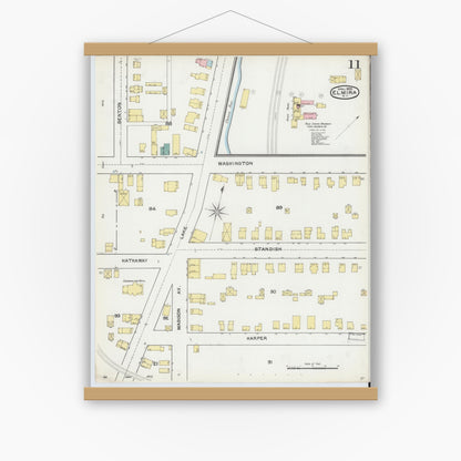 Old map wall art mockup — magnetic wood frame on white wall — Sanborn Fire Insurance Map from Elmira, Chemung County, New York (1892), Sheet #0011