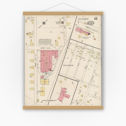 Old map wall art mockup — magnetic wood frame on white wall — Sanborn Fire Insurance Map from Monroe, Union County, North Carolina (1922), Sheet #0019