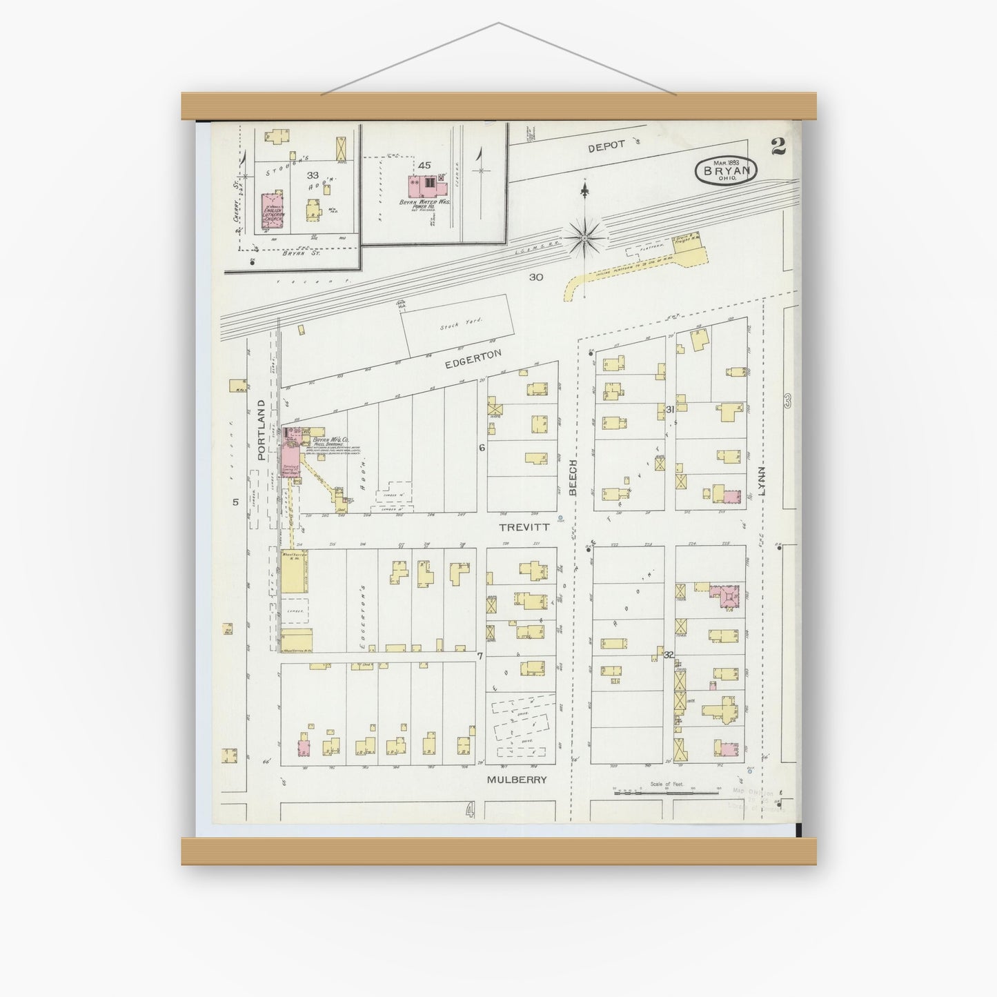 Old map wall art mockup — magnetic wood frame on white wall — Sanborn Fire Insurance Map from Bryan, Williams County, Ohio (1893), Sheet #0002