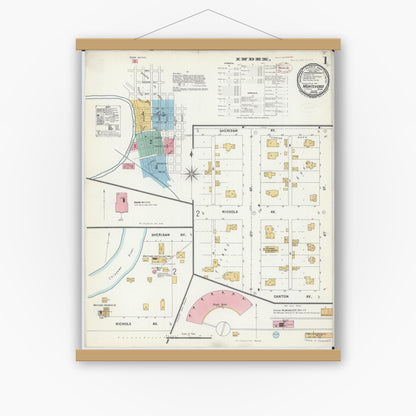 Old map wall art mockup — magnetic wood frame on white wall — Sanborn Fire Insurance Map from Montevideo, Chippewa County, Minnesota (1899), Sheet #0001