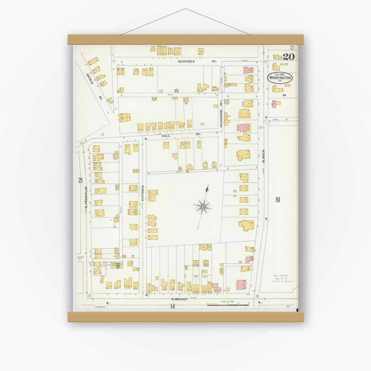 Old map wall art mockup — magnetic wood frame on white wall — Sanborn Fire Insurance Map from Washington, Washington County, Pennsylvania (1904), Sheet #0020