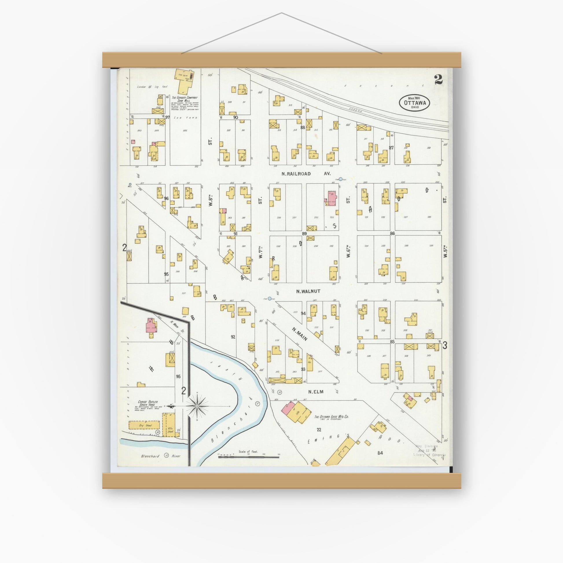 Old map wall art mockup — magnetic wood frame on white wall — Sanborn Fire Insurance Map from Ottawa, Putnam County, Ohio (1900), Sheet #0002