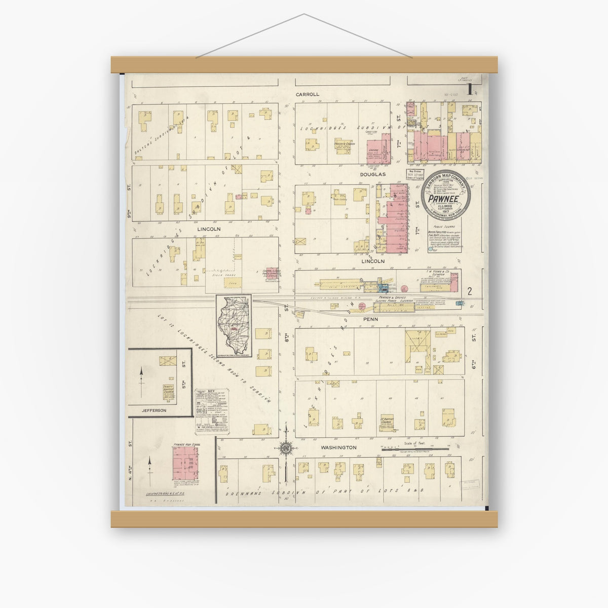 Old map wall art mockup — magnetic wood frame on white wall — Sanborn Fire Insurance Map from Pawnee, Sangamon County, Illinois (1917), Sheet #0001
