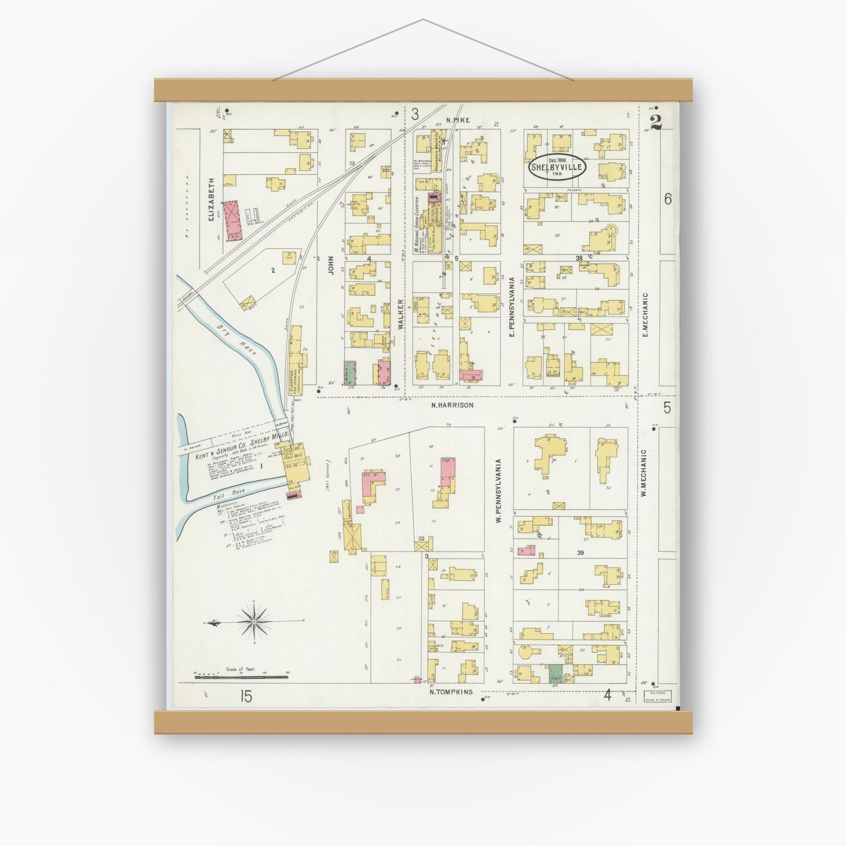 Old map wall art mockup — magnetic wood frame on white wall — Sanborn Fire Insurance Map from Shelbyville, Shelby County, Indiana (1898), Sheet #0002