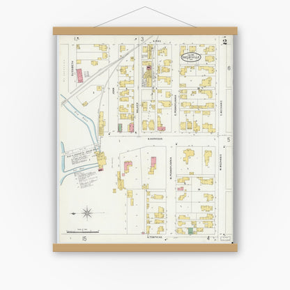 Old map wall art mockup — magnetic wood frame on white wall — Sanborn Fire Insurance Map from Shelbyville, Shelby County, Indiana (1898), Sheet #0002