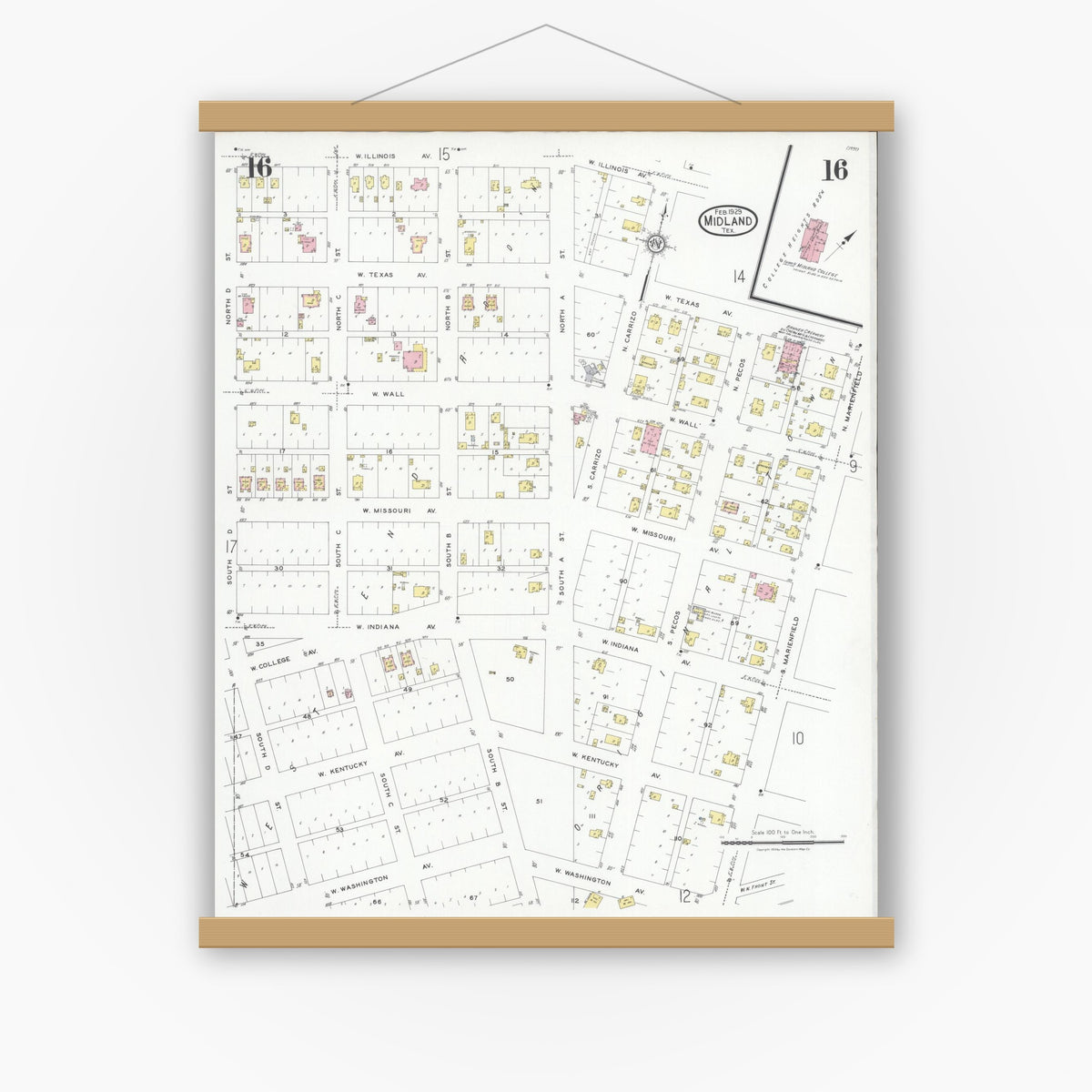 Old map wall art mockup — magnetic wood frame on white wall — Sanborn Fire Insurance Map from Midland, Midland County, Texas (1929), Sheet #0016