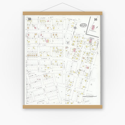 Old map wall art mockup — magnetic wood frame on white wall — Sanborn Fire Insurance Map from Midland, Midland County, Texas (1929), Sheet #0016