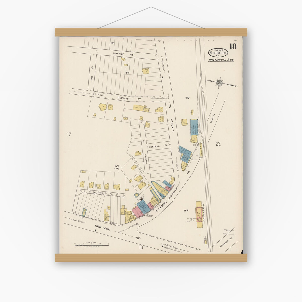 Old map wall art mockup — magnetic wood frame on white wall — Sanborn Fire Insurance Map from Huntington, Suffolk County, New York (1922), Sheet #0018