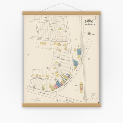 Old map wall art mockup — magnetic wood frame on white wall — Sanborn Fire Insurance Map from Huntington, Suffolk County, New York (1922), Sheet #0018
